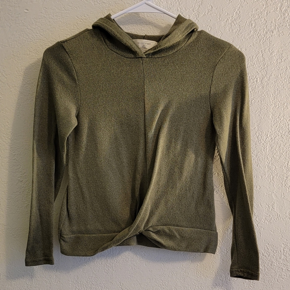 No Comment Girls twist front waist olive green hooded sweater size M 10-12